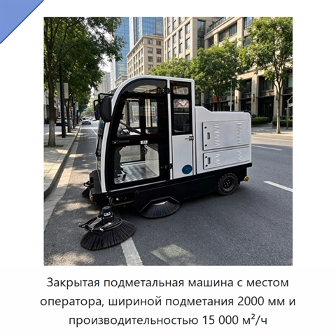 Закрытая подметальная машина с местом оператора, шириной подметания 2000 мм и производительностью 15 000 м²/ч